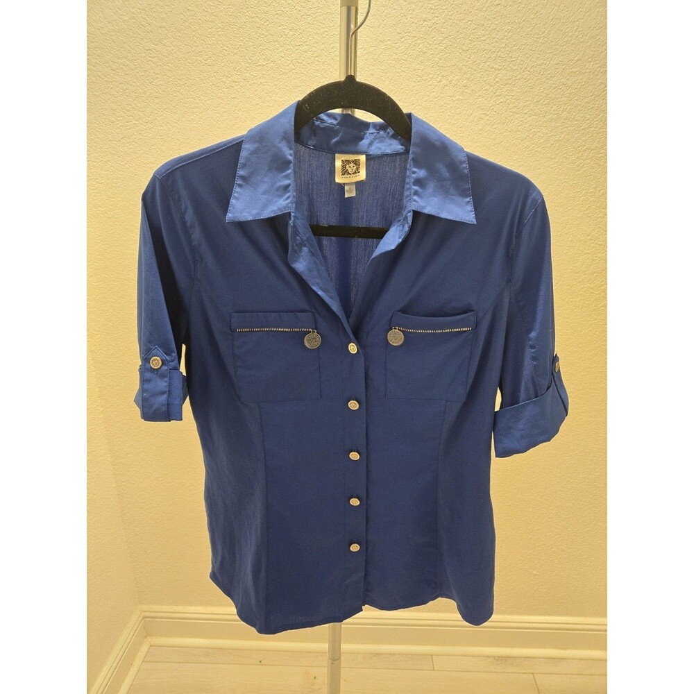 Anne Klein Royal Blue Utility Shirt Button Up Roll Tab Sleeve Zip Pocket Women S